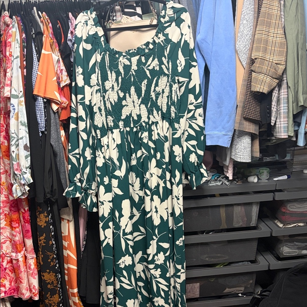 Plus Size Floral Green and White Dress